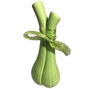 Ganz Double Bud Vase Green Scallion Celery Ceramic Ribbon Kitchy 8" Vintage